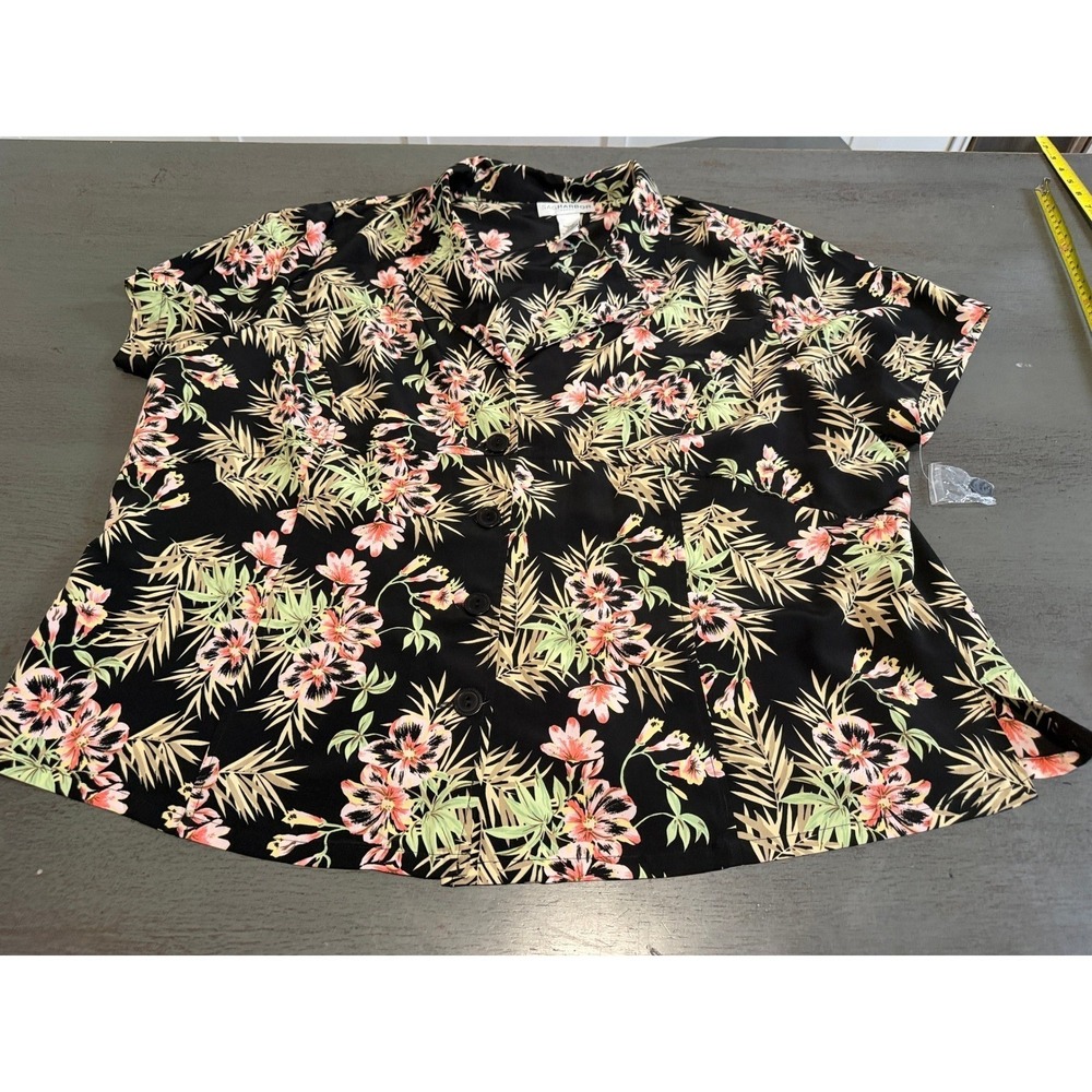 Sag Harbor Woman Tropical Floral Button Down Shirt Black Pink Plus 24W S64056
